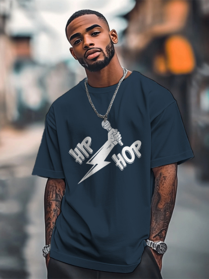 Men's Hip Hop Lightning Microphone Graphic Print Cotton Casual T-Shirt-Styleame