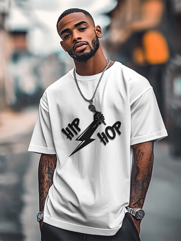 Men's Hip Hop Lightning Microphone Graphic Print Cotton Casual T-Shirt-Styleame
