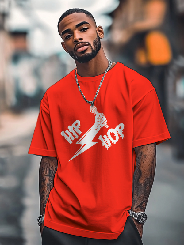 Men's Hip Hop Lightning Microphone Graphic Print Cotton Casual T-Shirt-Styleame