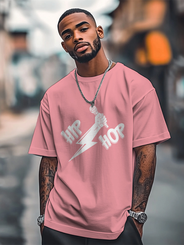 Men's Hip Hop Lightning Microphone Graphic Print Cotton Casual T-Shirt-Styleame