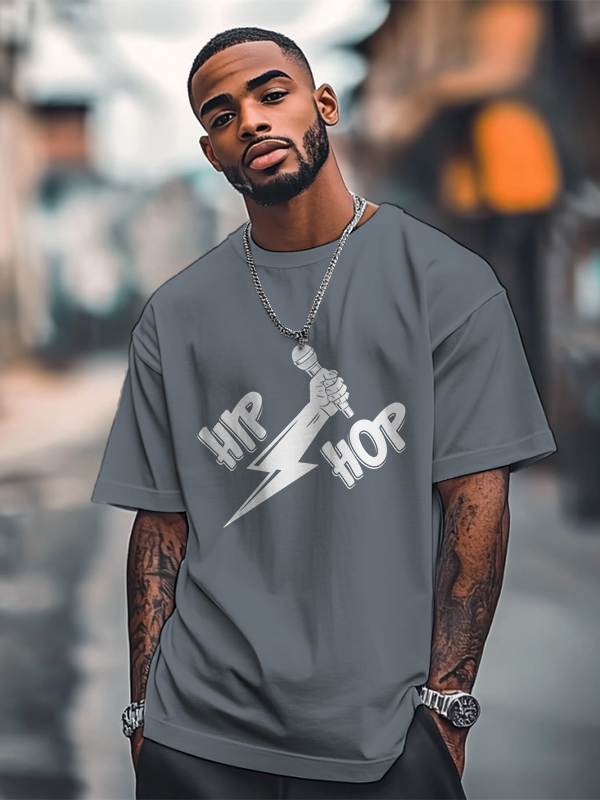 Men's Hip Hop Lightning Microphone Graphic Print Cotton Casual T-Shirt-Styleame