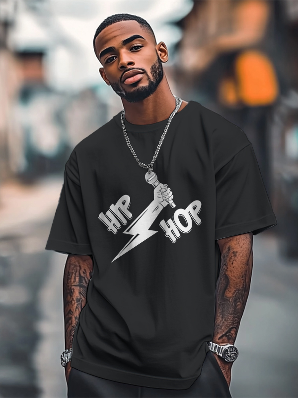 Men's Hip Hop Lightning Microphone Graphic Print Cotton Casual T-Shirt-Styleame