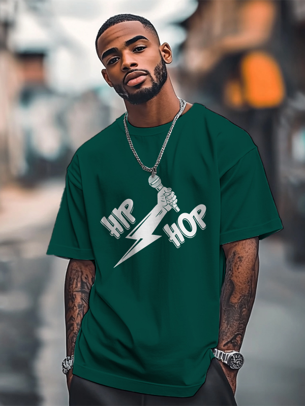 Men's Hip Hop Lightning Microphone Graphic Print Cotton Casual T-Shirt-Styleame