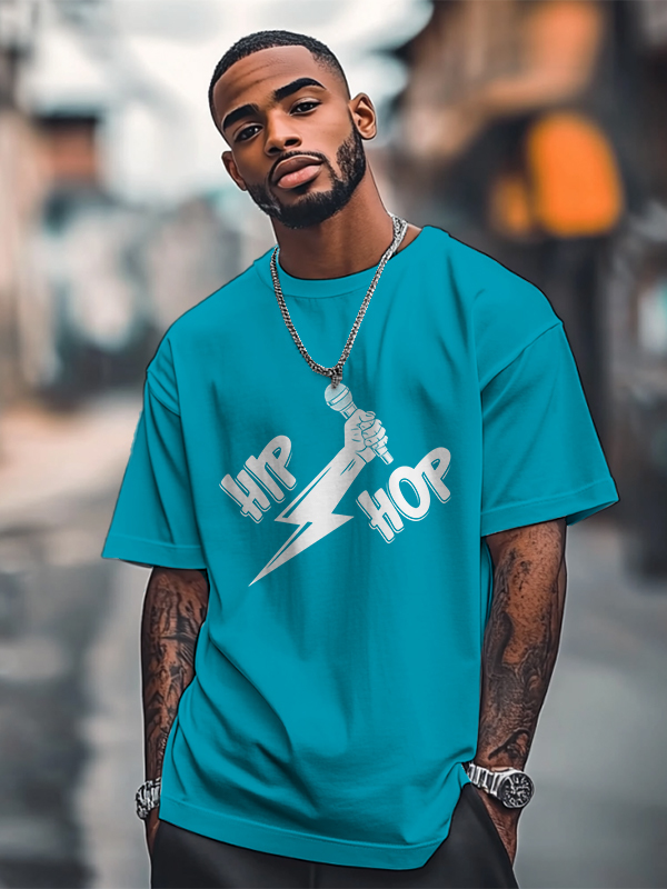 Men's Hip Hop Lightning Microphone Graphic Print Cotton Casual T-Shirt-Styleame