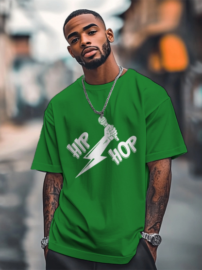 Men's Hip Hop Lightning Microphone Graphic Print Cotton Casual T-Shirt-Styleame