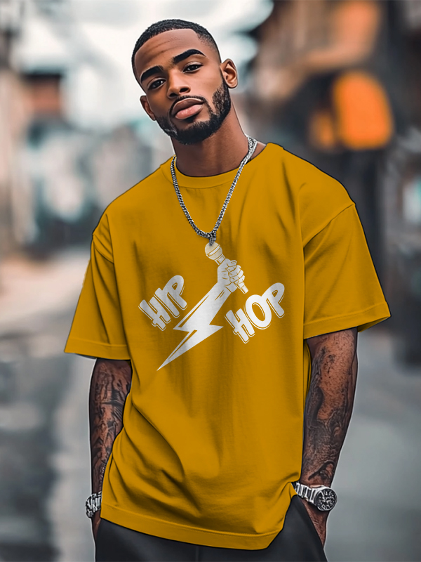 Men's Hip Hop Lightning Microphone Graphic Print Cotton Casual T-Shirt-Styleame