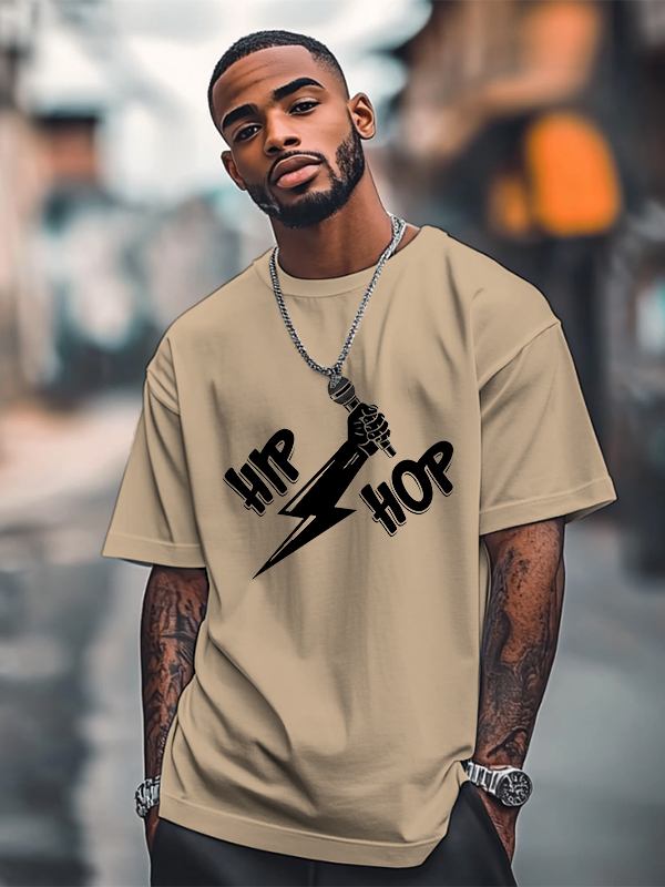 Men's Hip Hop Lightning Microphone Graphic Print Cotton Casual T-Shirt-Styleame