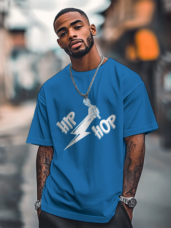 Men's Hip Hop Lightning Microphone Graphic Print Cotton Casual T-Shirt-Styleame