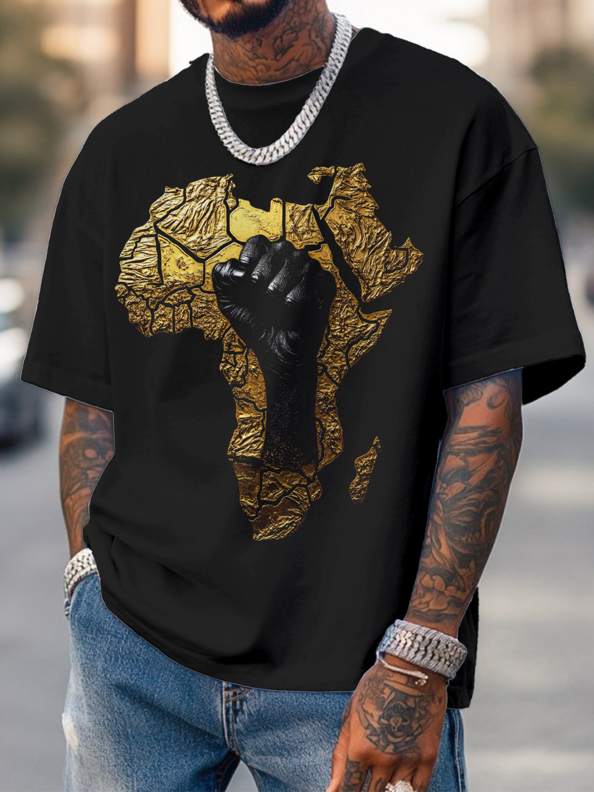 Men's Relief 3d Black Power Africa Map Fist Print Cotton Casual T-Shirt-Styleame