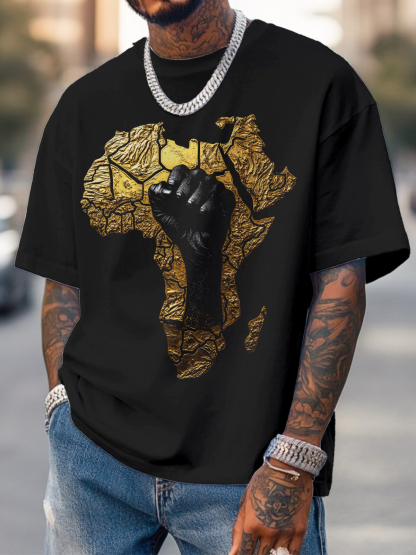 Men's Relief 3d Black Power Africa Map Fist Print Cotton Casual T-Shirt-Styleame