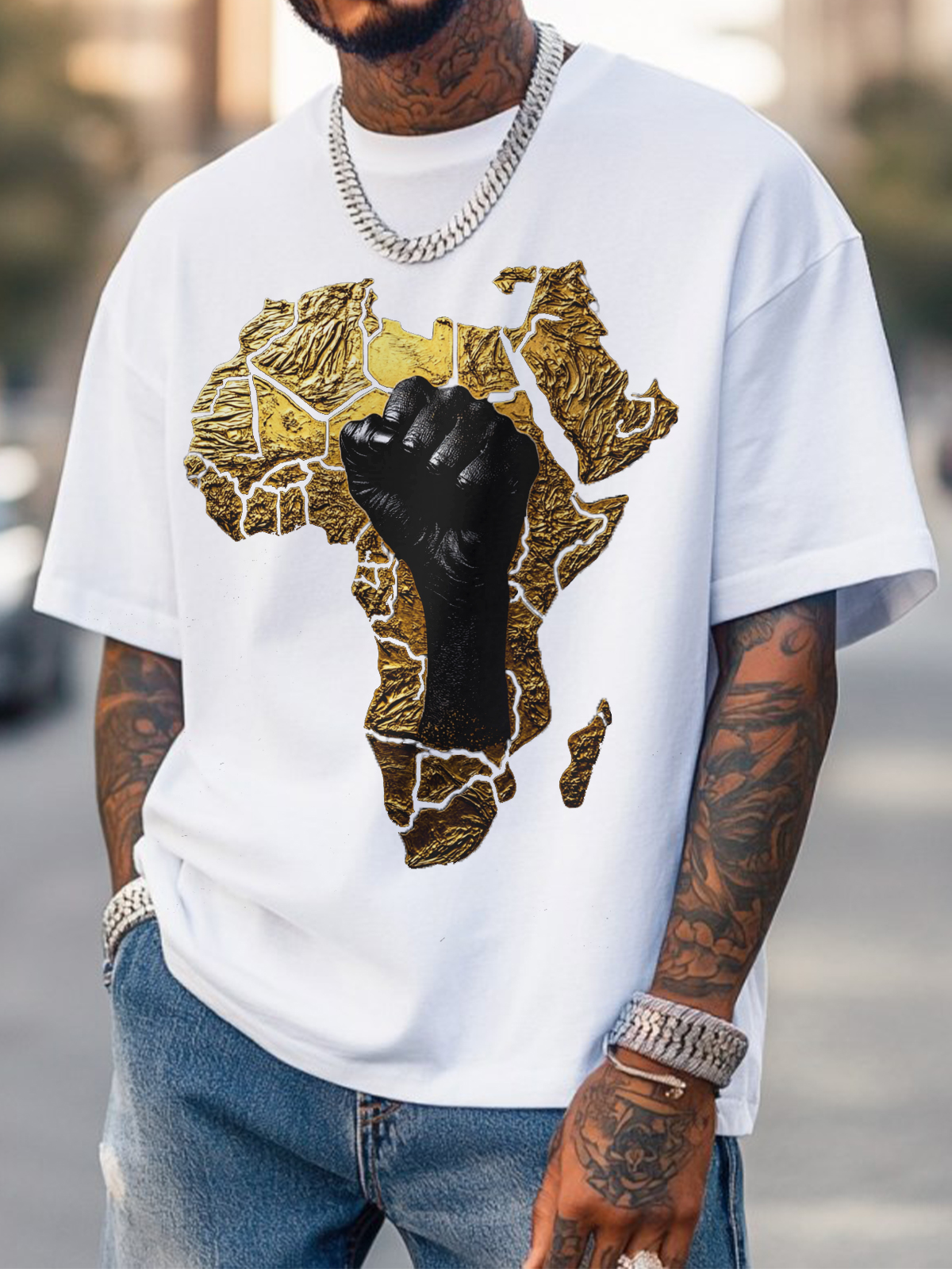 Men's Relief 3d Black Power Africa Map Fist Print Cotton Casual T-Shirt-Styleame