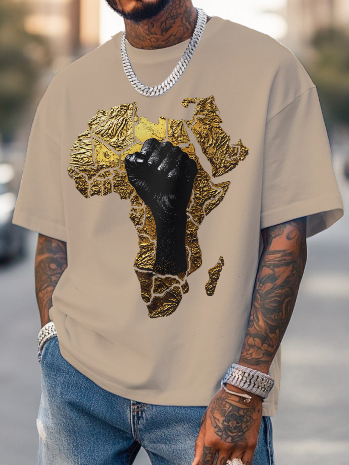 Men's Relief 3d Black Power Africa Map Fist Print Cotton Casual T-Shirt-Styleame