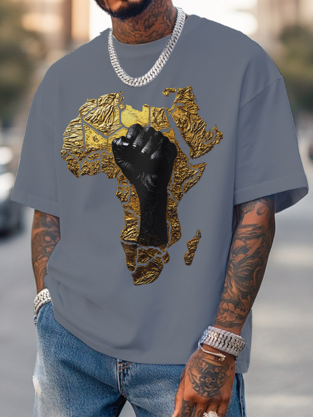 Men's Relief 3d Black Power Africa Map Fist Print Cotton Casual T-Shirt-Styleame
