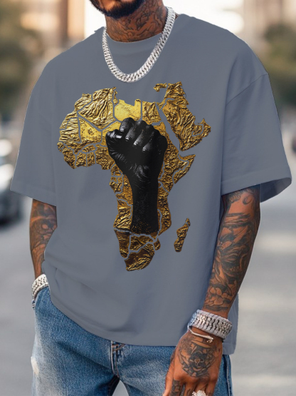 Men's Relief 3d Black Power Africa Map Fist Print Cotton Casual T-Shirt-Styleame