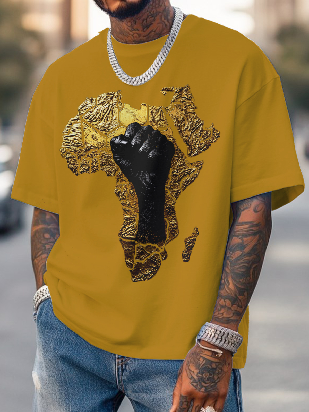 Men's Relief 3d Black Power Africa Map Fist Print Cotton Casual T-Shirt-Styleame