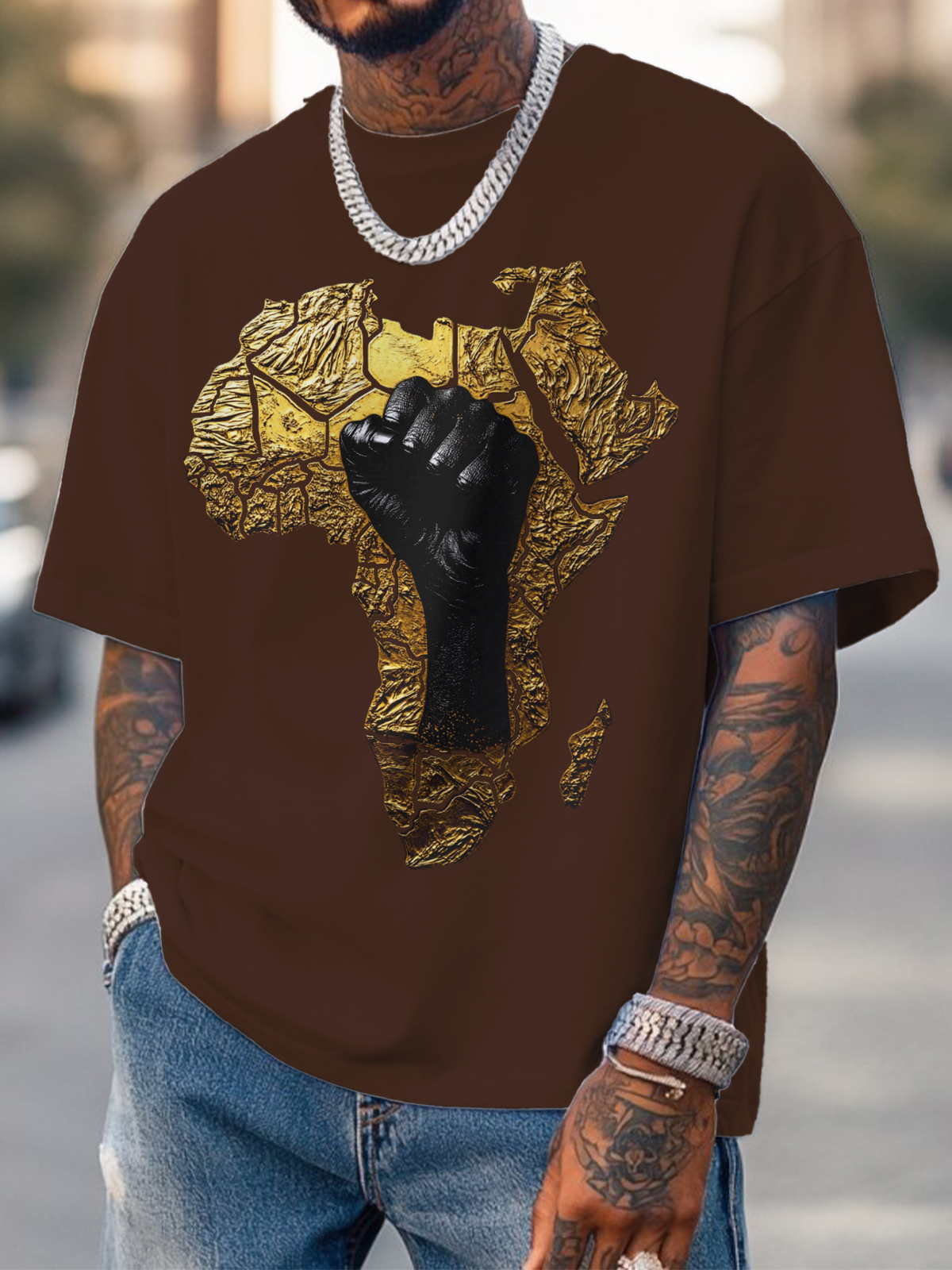 Men's Relief 3d Black Power Africa Map Fist Print Cotton Casual T-Shirt-Styleame