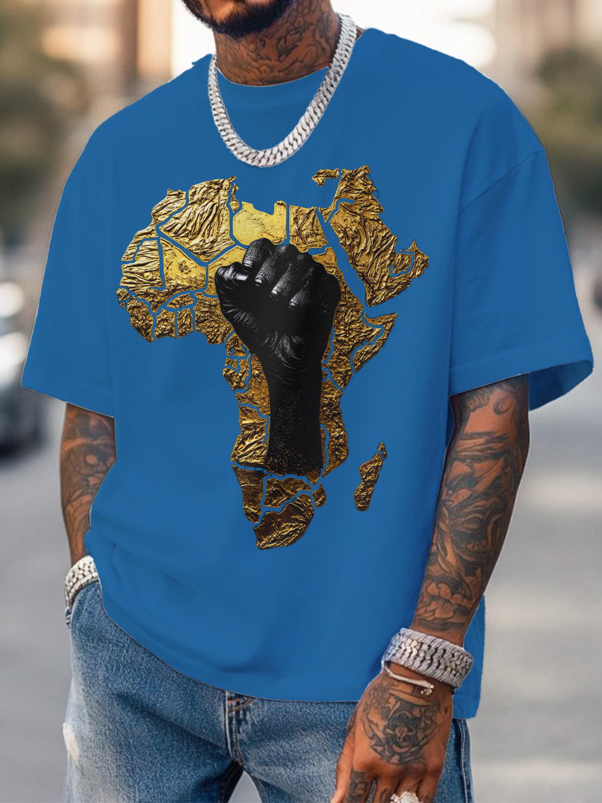 Men's Relief 3d Black Power Africa Map Fist Print Cotton Casual T-Shirt-Styleame