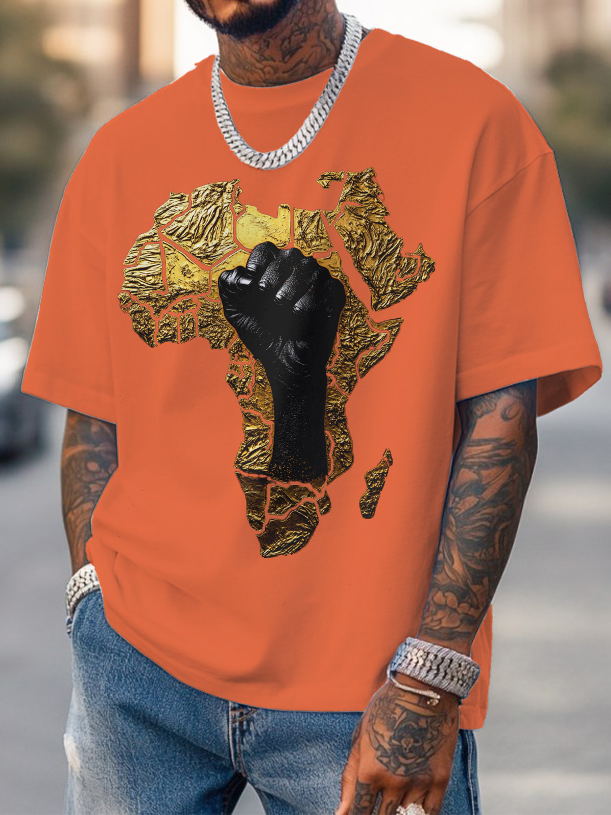 Men's Relief 3d Black Power Africa Map Fist Print Cotton Casual T-Shirt-Styleame