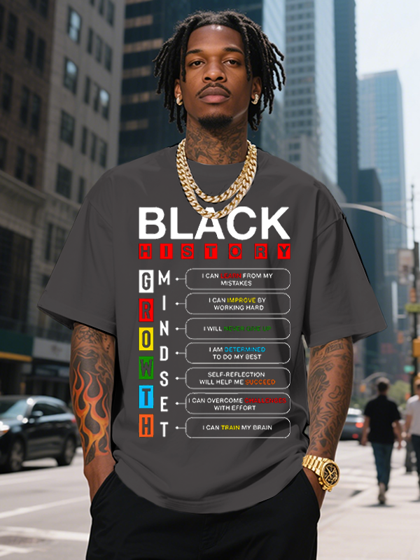 Men's Black History Growth Mindset Print Cotton Casual T-Shirt-Styleame