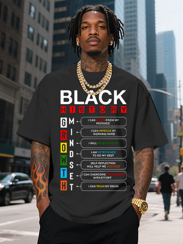 Men's Black History Growth Mindset Print Cotton Casual T-Shirt-Styleame
