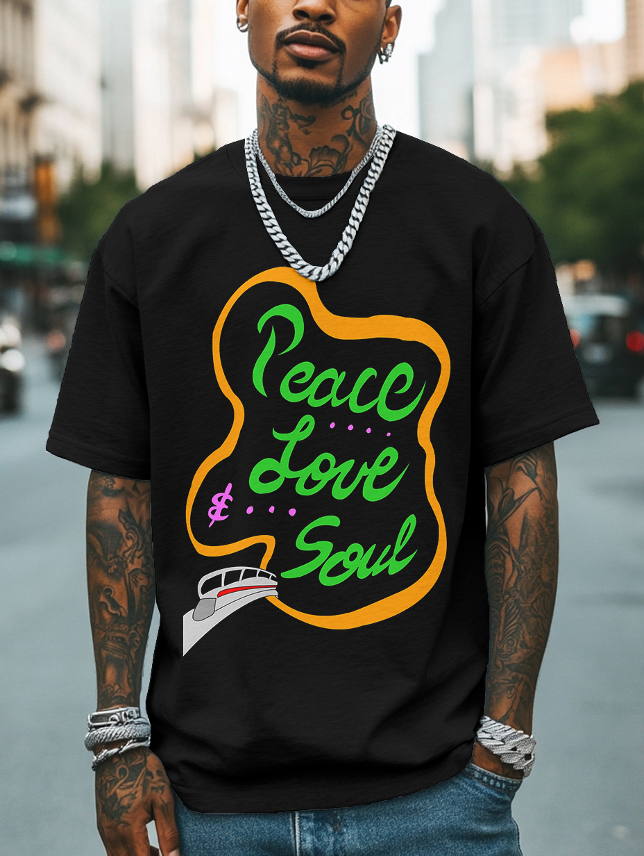 Men's Peace Love And Soul Soul Train Print Cotton Casual T-Shirt-Styleame
