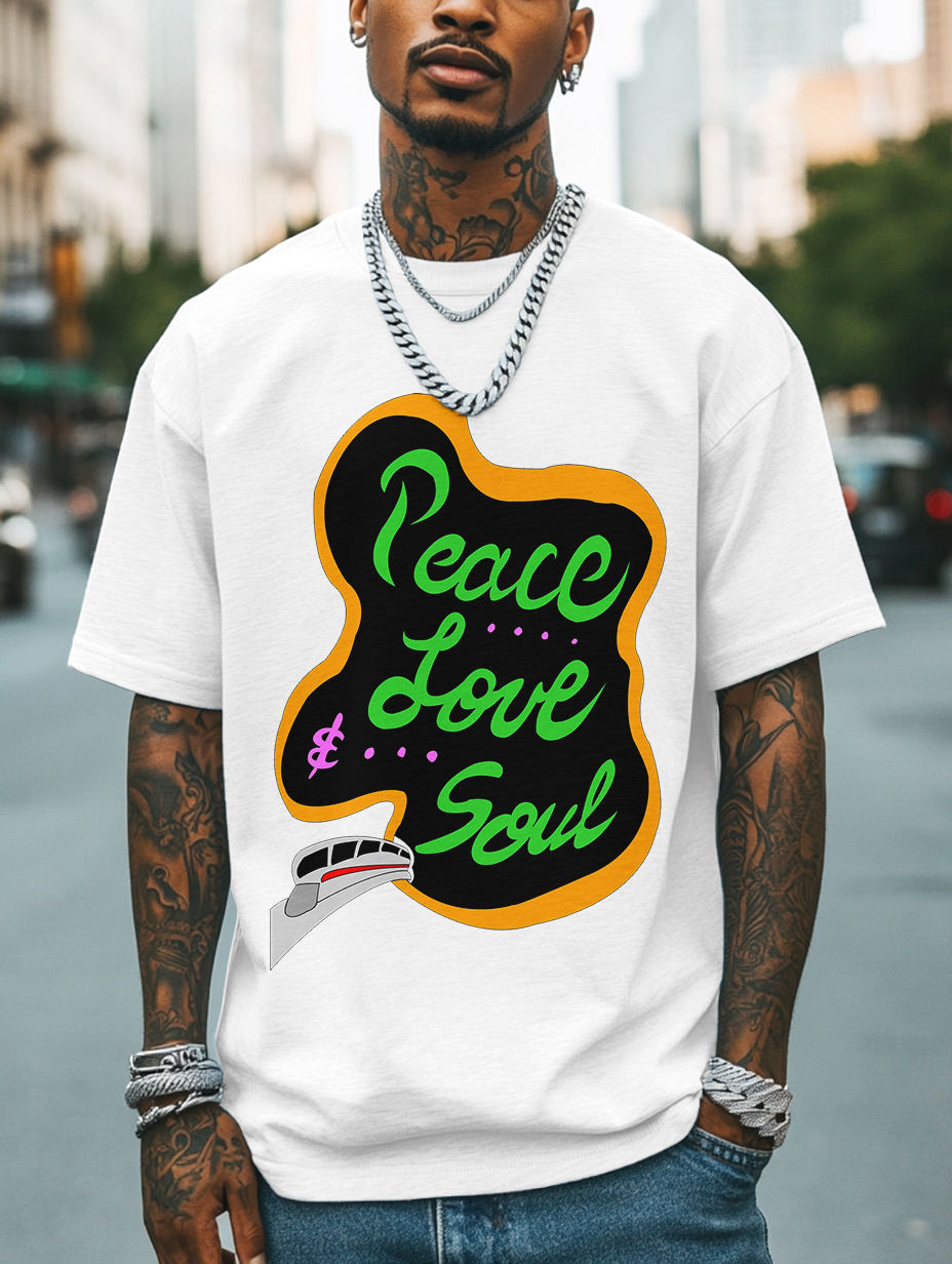 Men's Peace Love And Soul Soul Train Print Cotton Casual T-Shirt-Styleame