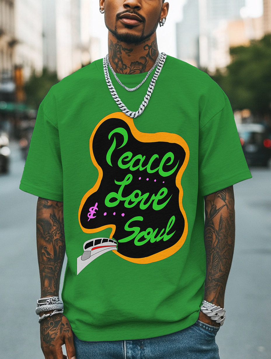 Men's Peace Love And Soul Soul Train Print Cotton Casual T-Shirt-Styleame