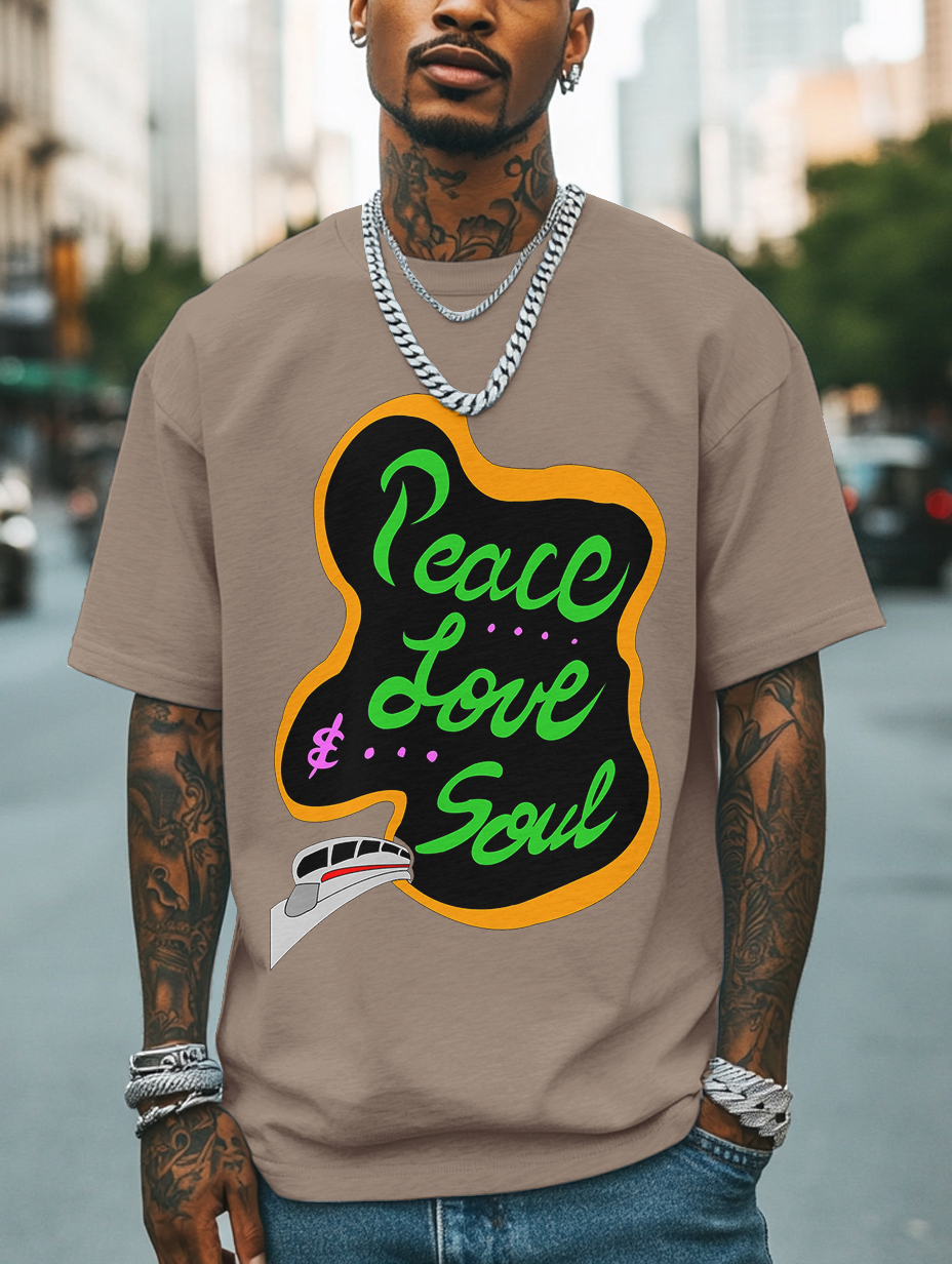 Men's Peace Love And Soul Soul Train Print Cotton Casual T-Shirt-Styleame