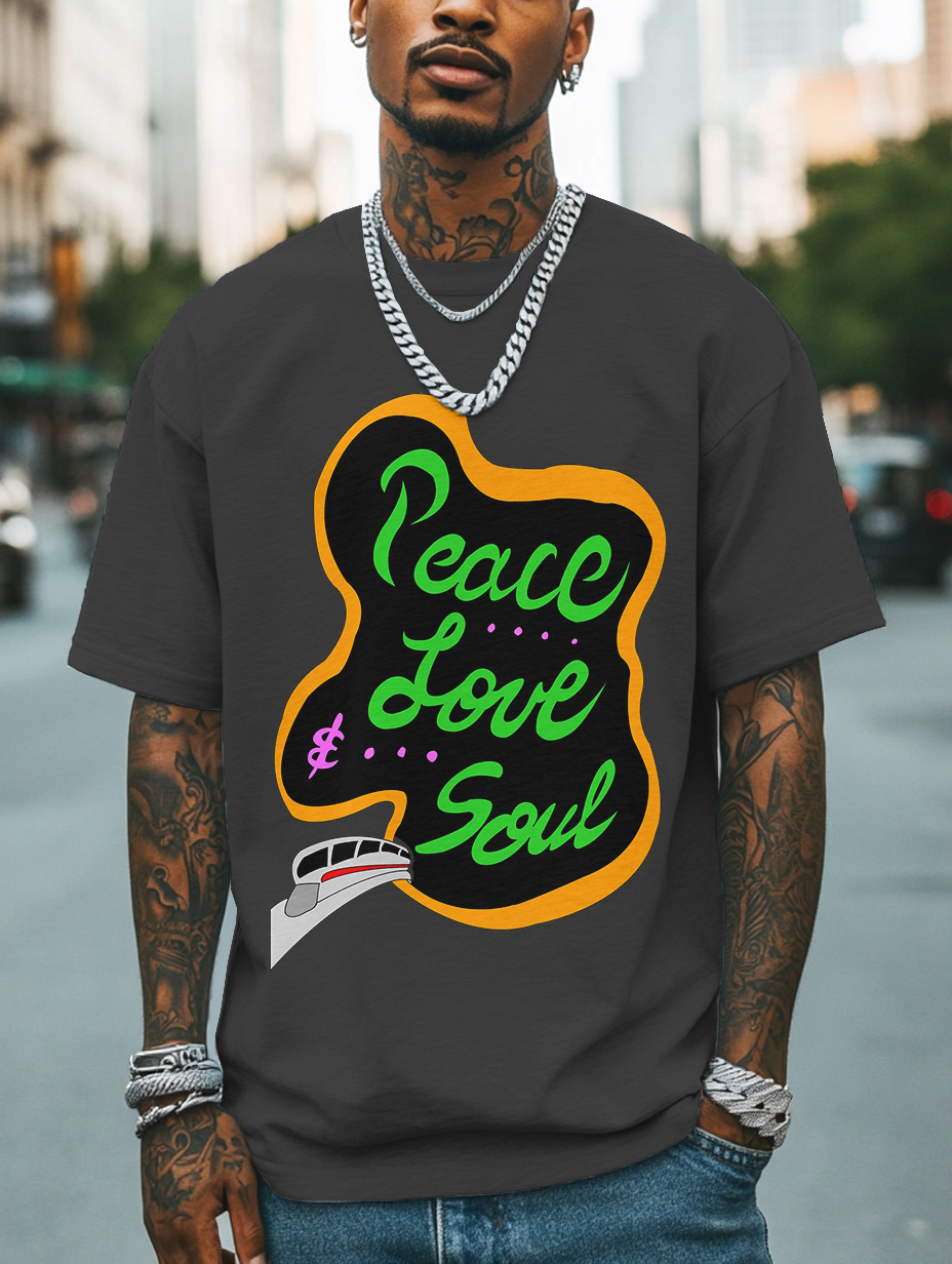 Men's Peace Love And Soul Soul Train Print Cotton Casual T-Shirt-Styleame