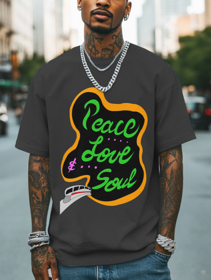 Men's Peace Love And Soul Soul Train Print Cotton Casual T-Shirt-Styleame