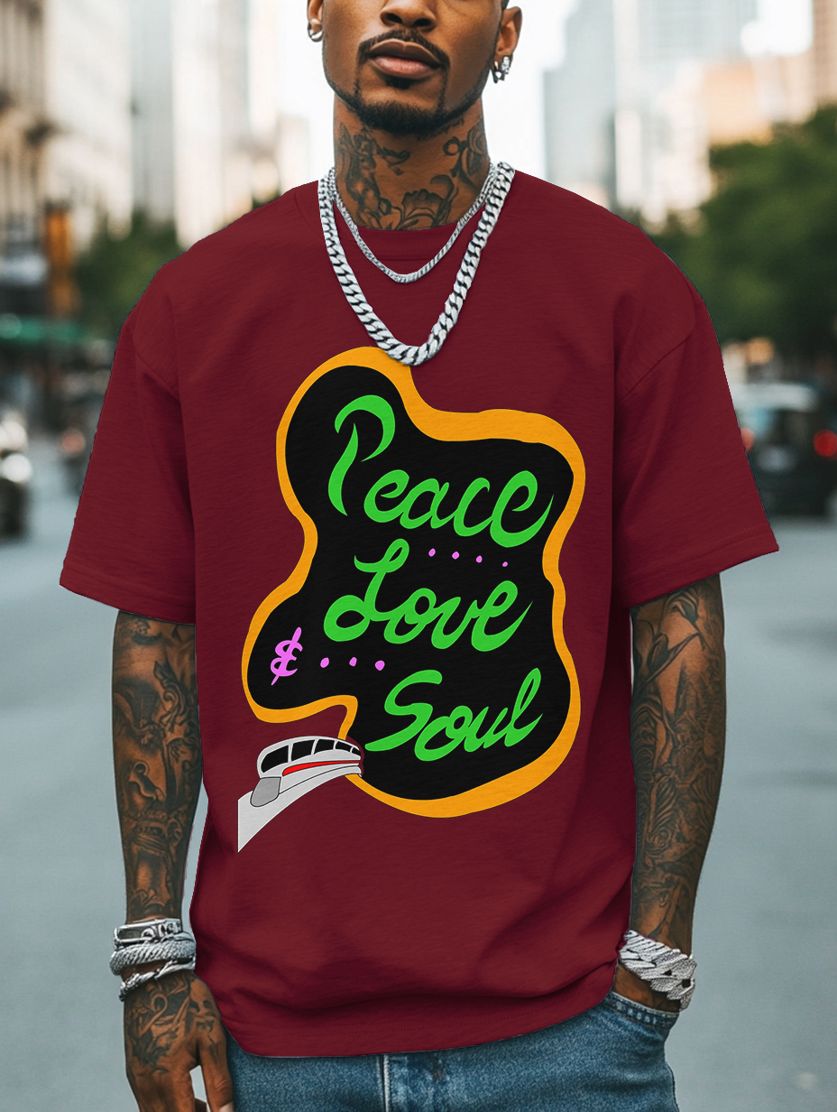 Men's Peace Love And Soul Soul Train Print Cotton Casual T-Shirt-Styleame