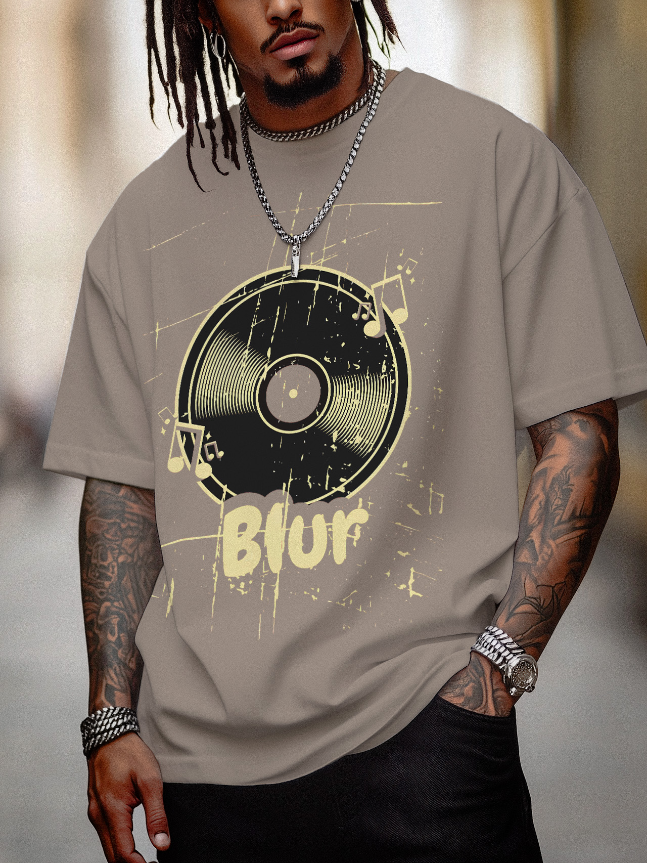 Men's Blur Music Graphic Print Cotton Casual T-Shirt-Styleame