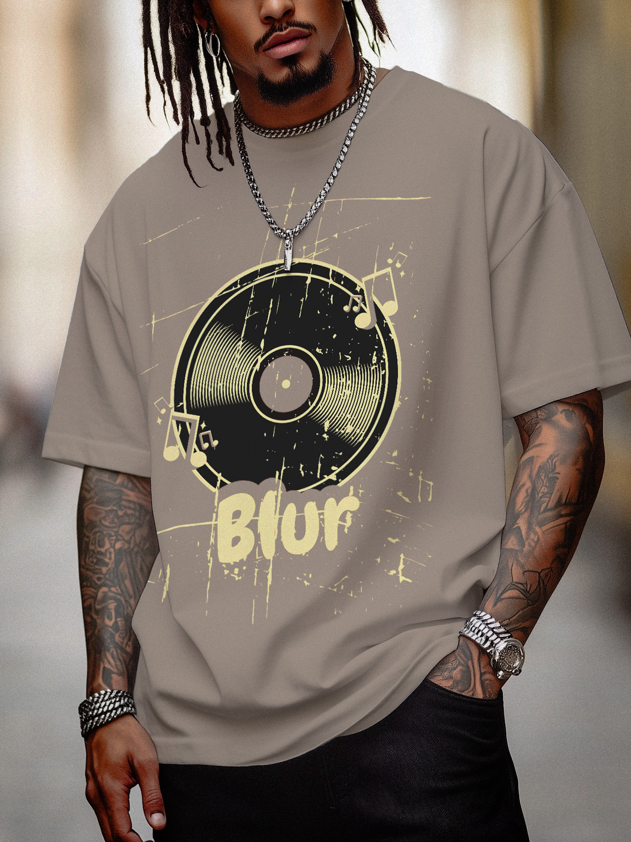Men's Blur Music Graphic Print Cotton Casual T-Shirt-Styleame