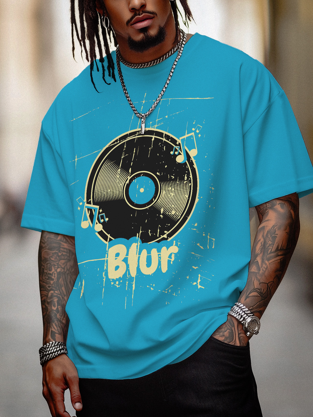 Men's Blur Music Graphic Print Cotton Casual T-Shirt-Styleame