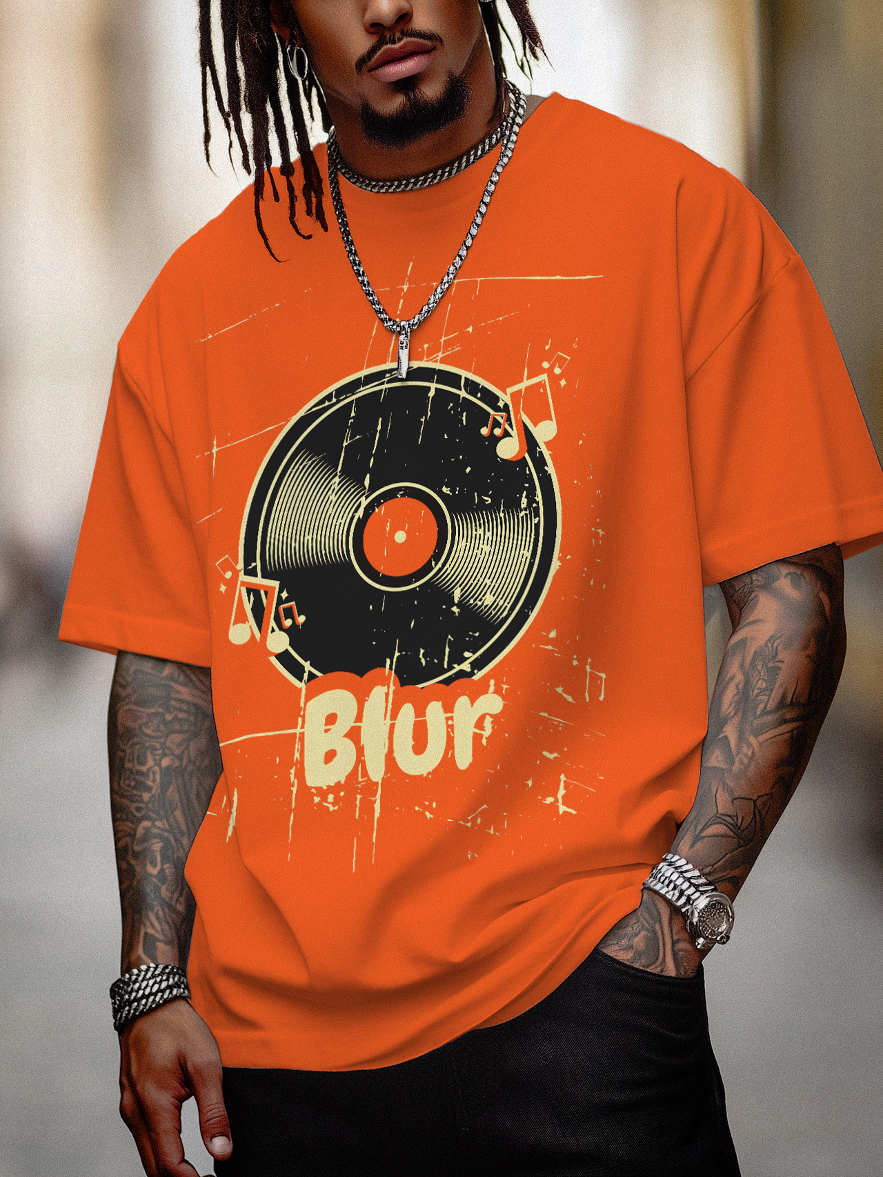 Men's Blur Music Graphic Print Cotton Casual T-Shirt-Styleame