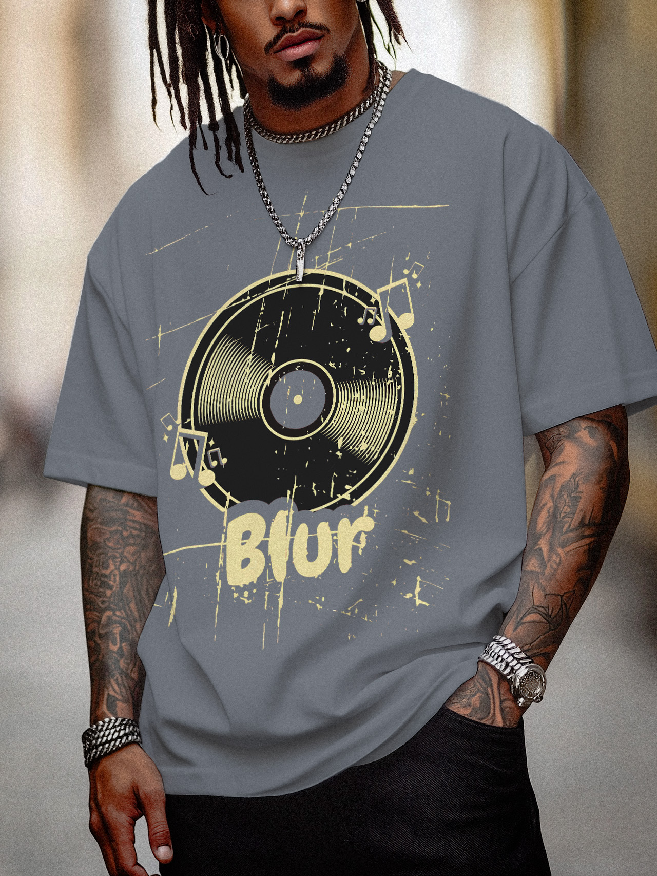 Men's Blur Music Graphic Print Cotton Casual T-Shirt-Styleame