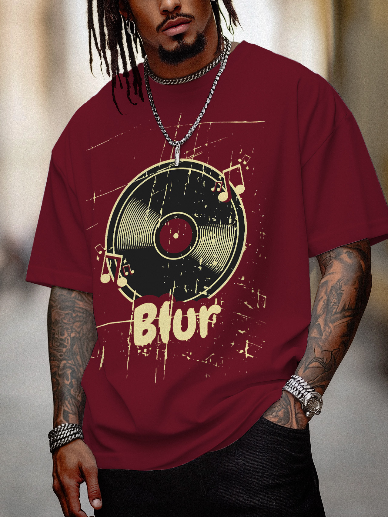 Men's Blur Music Graphic Print Cotton Casual T-Shirt-Styleame