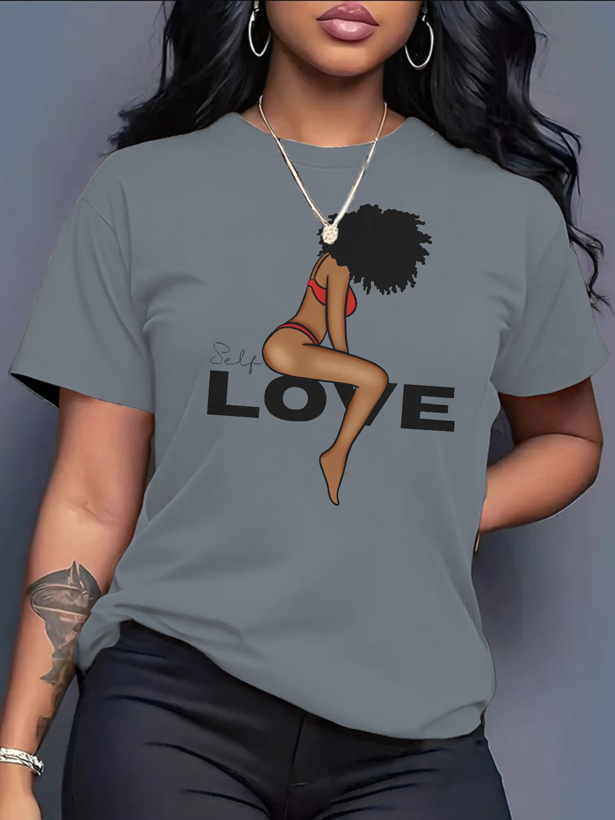Women's Self Love Black Woman Print Cotton Casual T-Shirt-Styleame