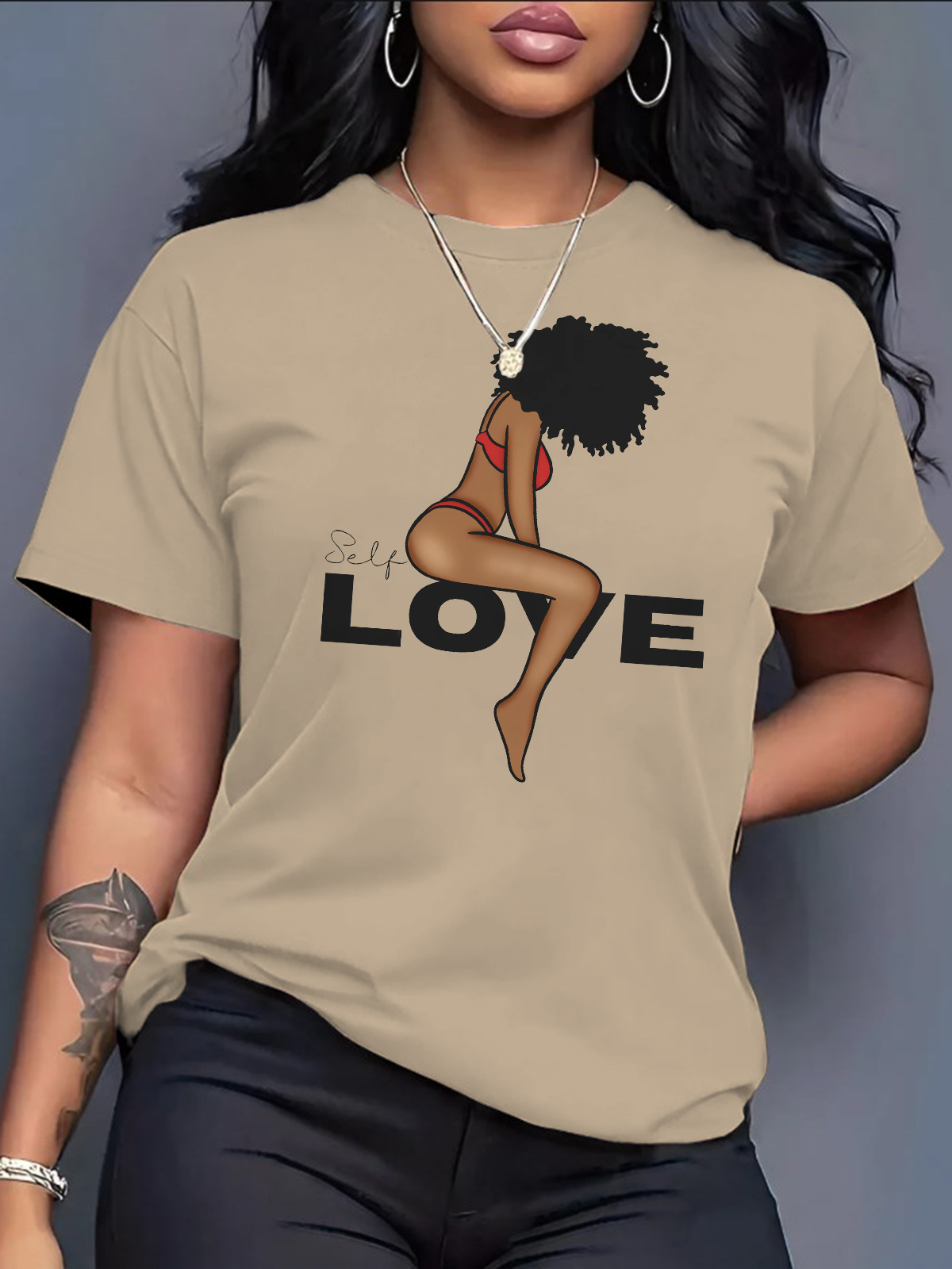 Women's Self Love Black Woman Print Cotton Casual T-Shirt-Styleame