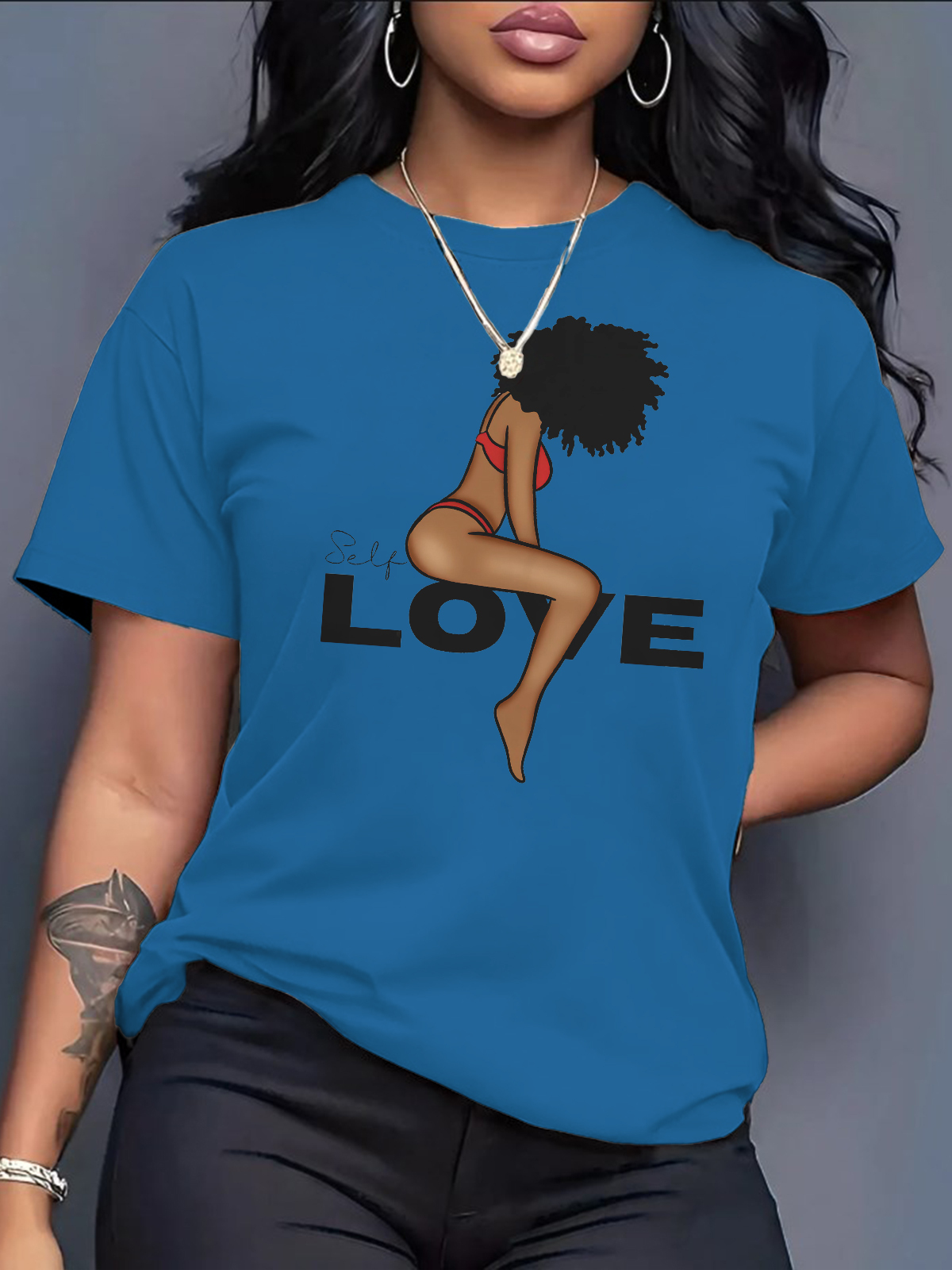 Women's Self Love Black Woman Print Cotton Casual T-Shirt-Styleame