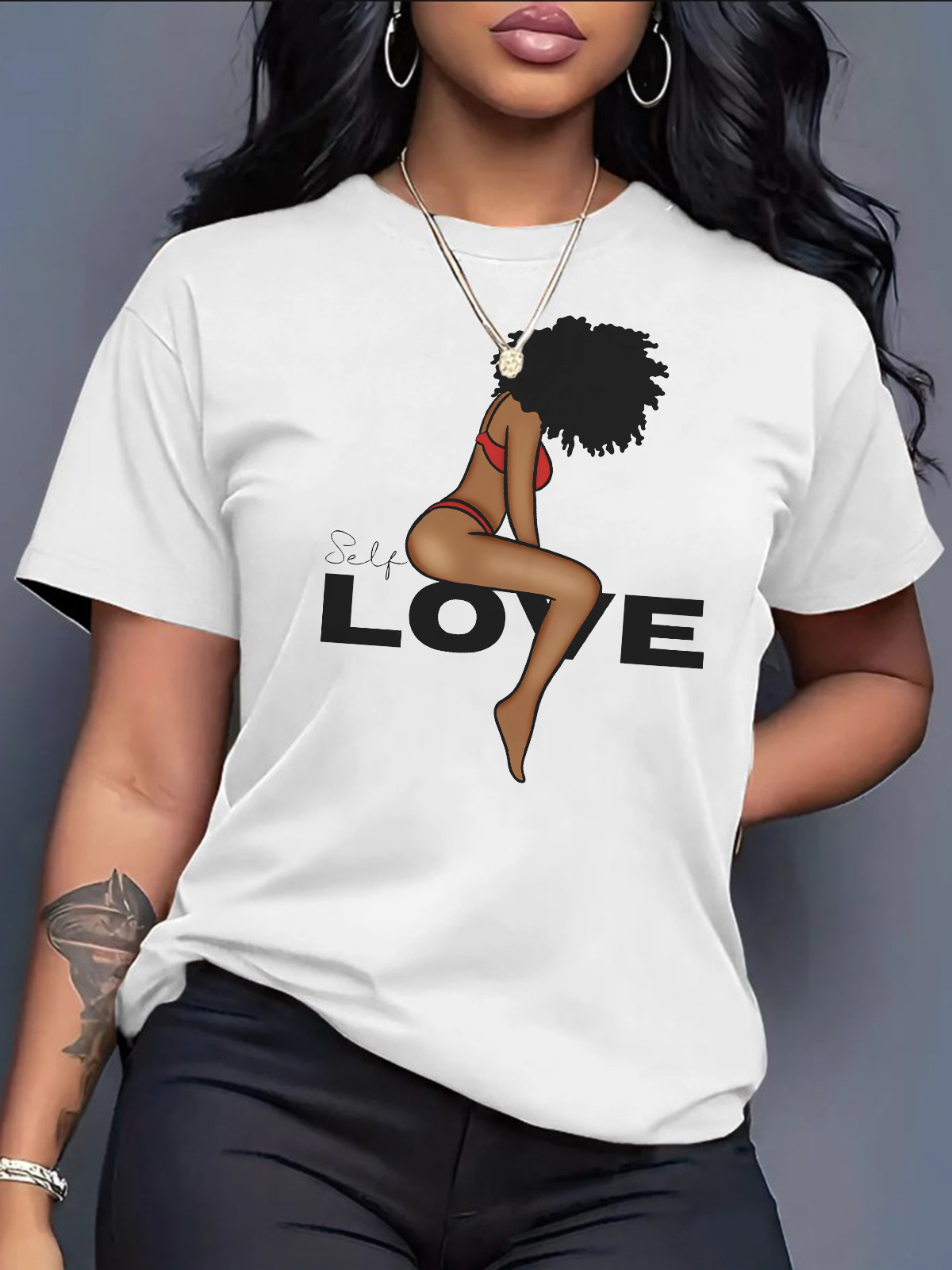 Women's Self Love Black Woman Print Cotton Casual T-Shirt-Styleame