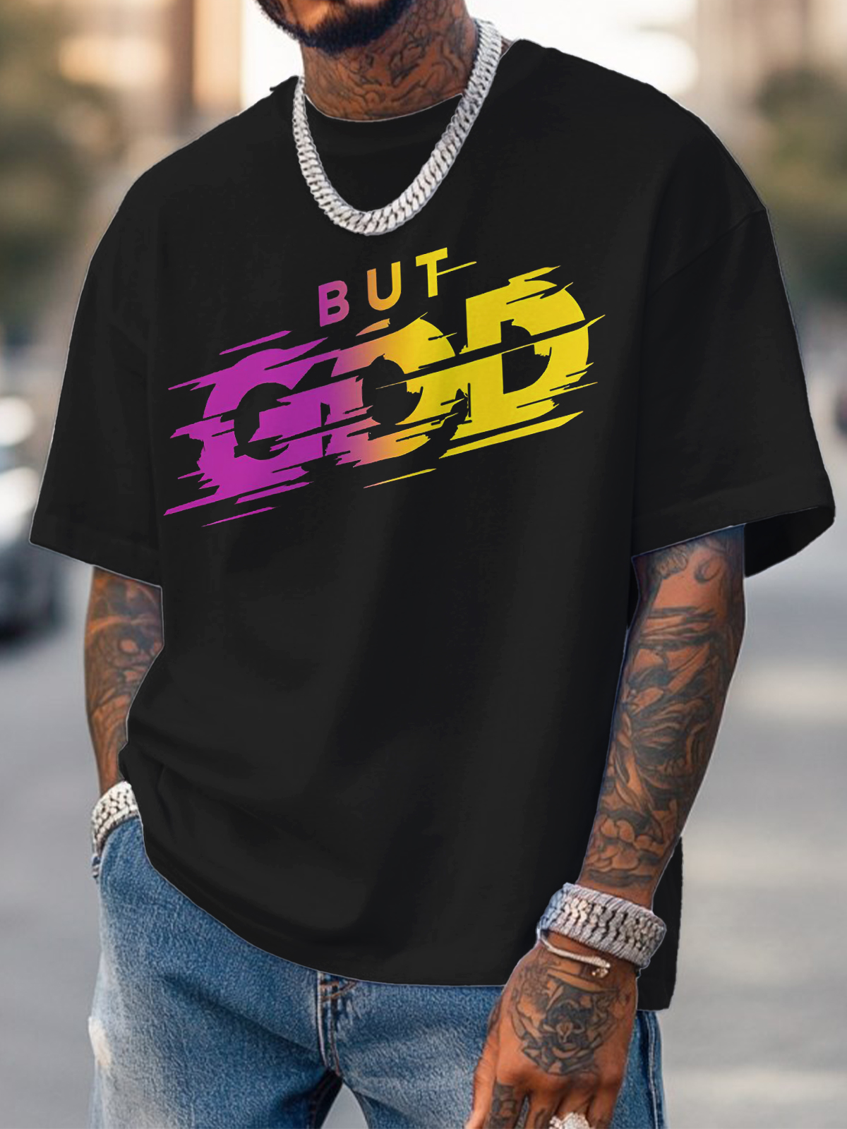 Men's But God Art Print Cotton Casual T-Shirt-Styleame