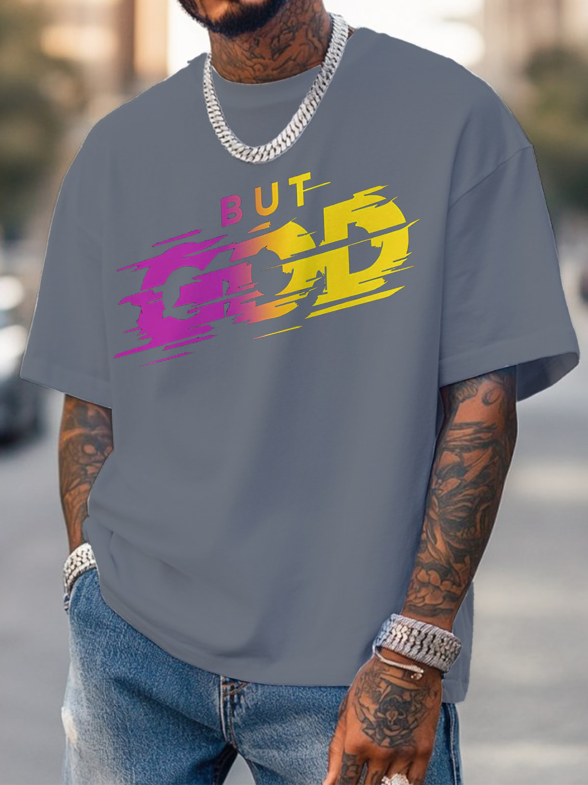 Men's But God Art Print Cotton Casual T-Shirt-Styleame