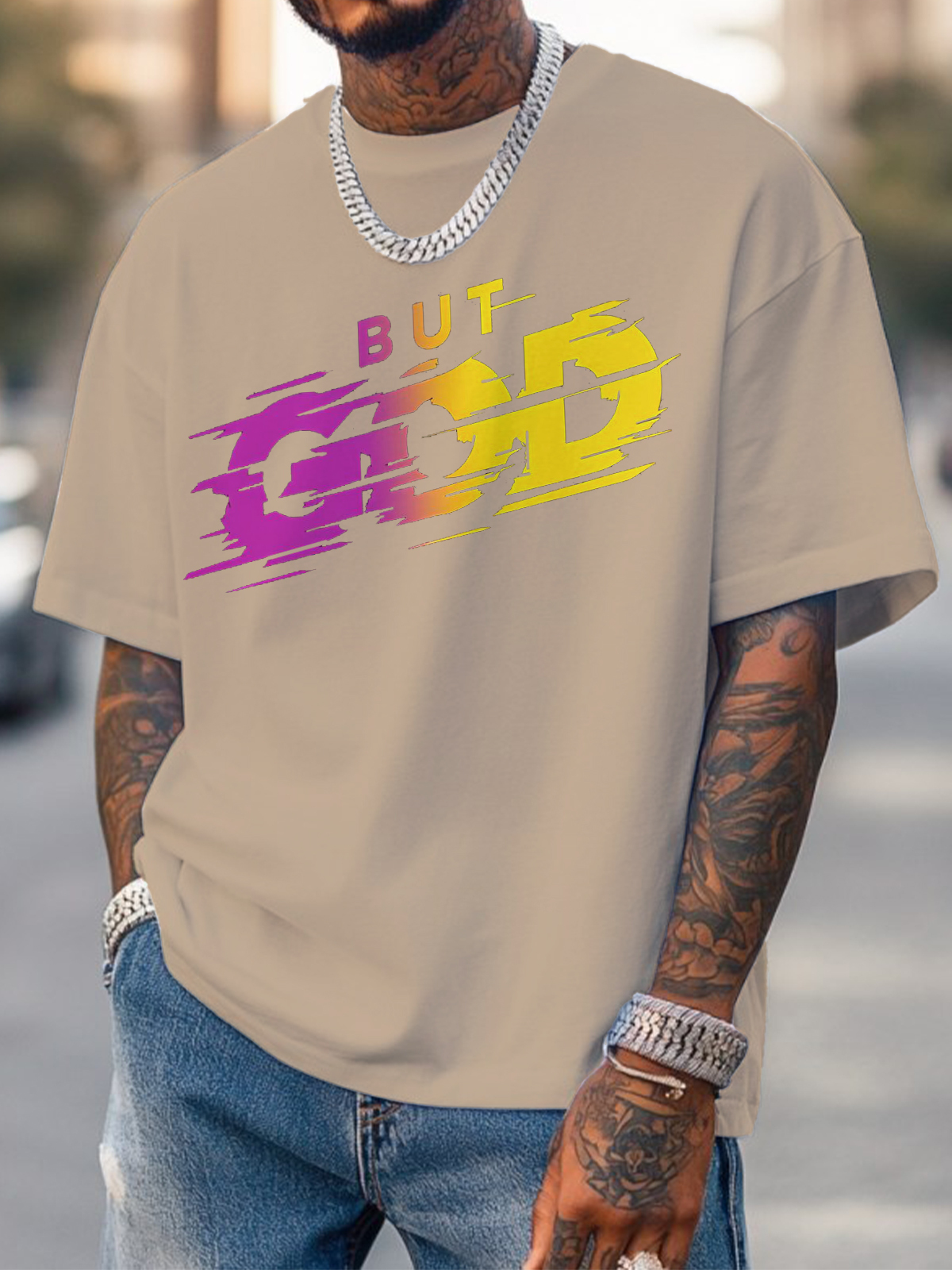 Men's But God Art Print Cotton Casual T-Shirt-Styleame