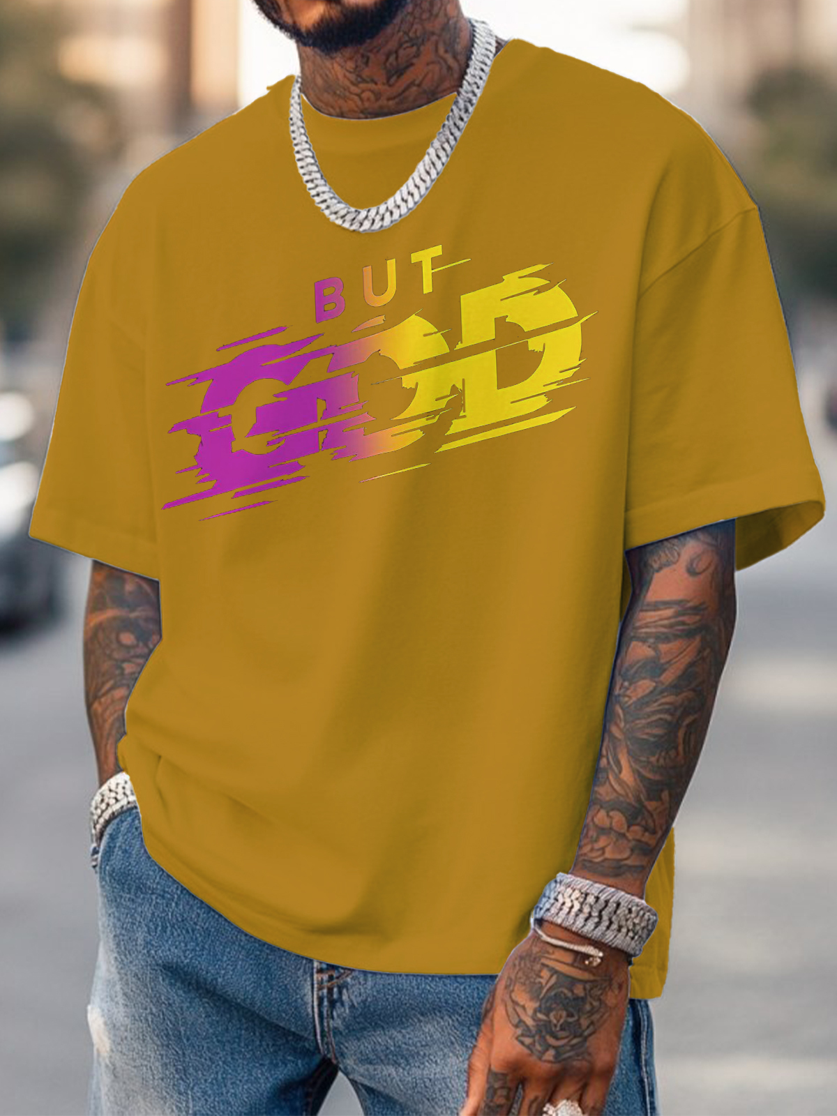 Men's But God Art Print Cotton Casual T-Shirt-Styleame