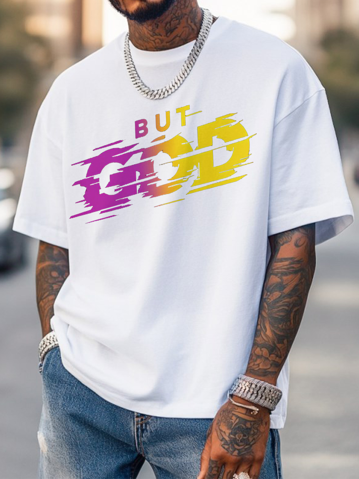 Men's But God Art Print Cotton Casual T-Shirt-Styleame