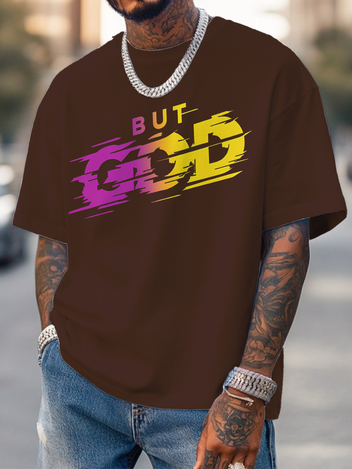 Men's But God Art Print Cotton Casual T-Shirt-Styleame