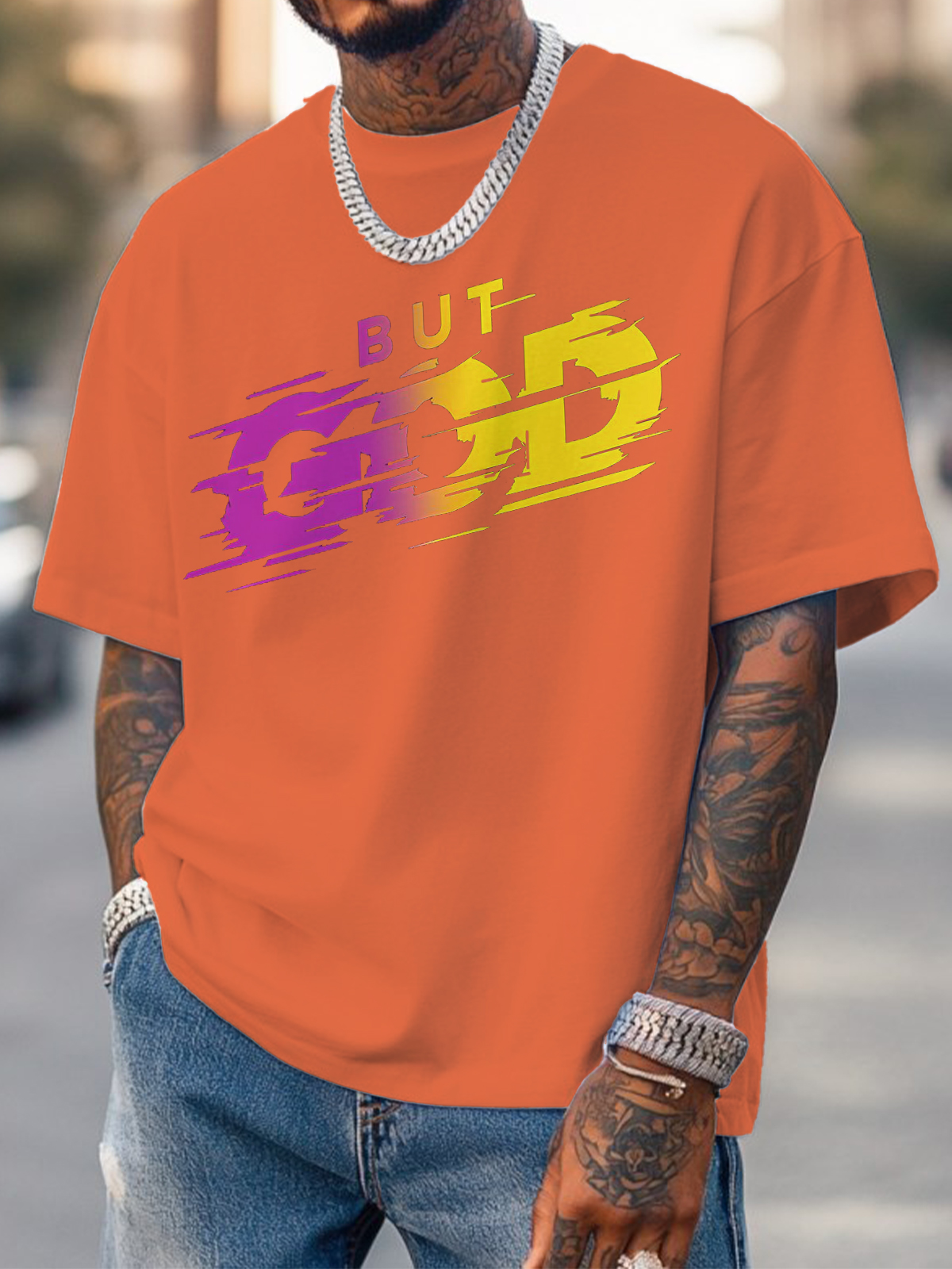 Men's But God Art Print Cotton Casual T-Shirt-Styleame