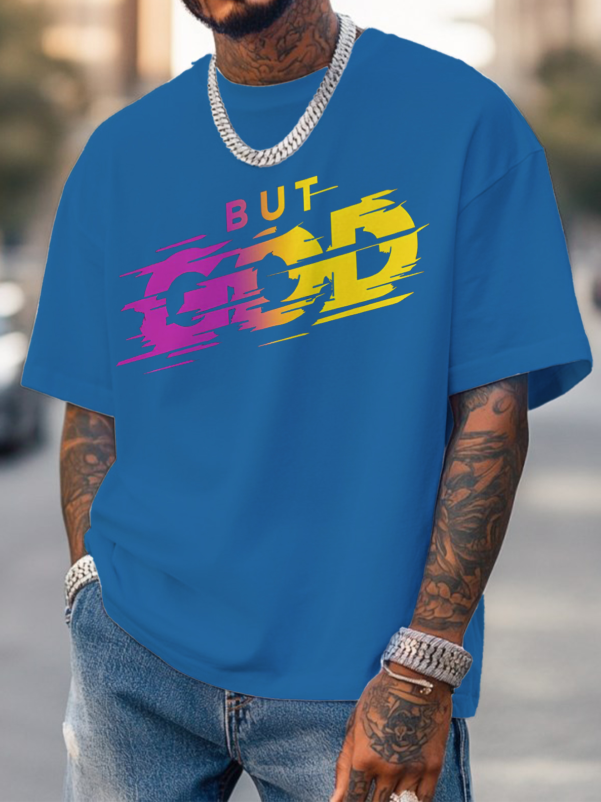 Men's But God Art Print Cotton Casual T-Shirt-Styleame