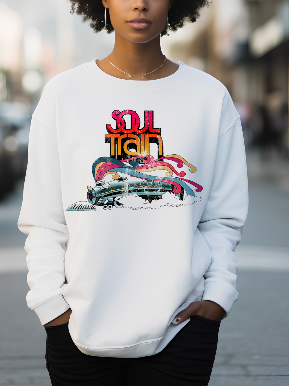Women's Soul Train Print Cotton Long Sleeve T-Shirt Thin Sweatshirt-Styleame